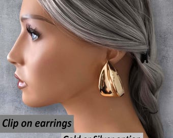 CLIP ON Drop Earrings - 2" Long Big Bold Chunky Stud Style Drop Earrings for Non Pierced Ears, Gold or Silver Tone, Big Metal Stud Earrings,
