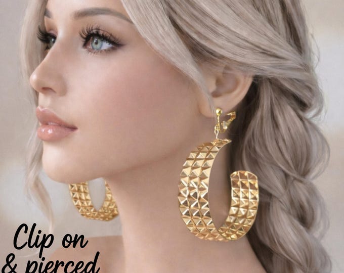 Large Gold Tone Textured Hoop Earrings – Bold Statement Studded Style Hoops – Clip On - Pierced