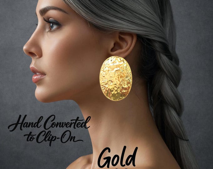 Clip On Earrings - Big Hammered Oval Statement Non Pierced | Gold or Silver Tone