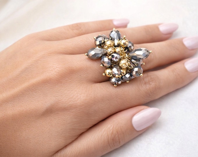 Gold-Tone Cocktail Ring with Hematite Color Beads – Adjustable Elastic Band Fashion Accessory