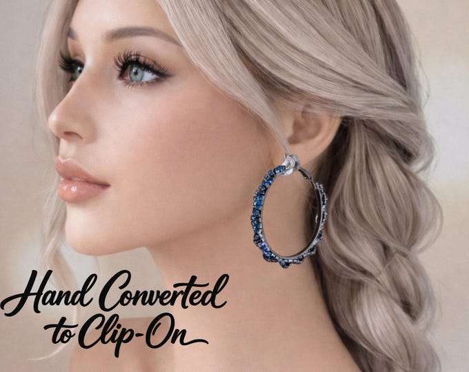 Blue Crystal Clip On Hoop Earrings – 1.85" Gunmetal Statement Hoops for Non Pierced Ears