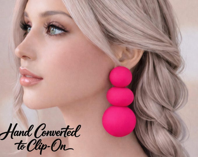 Clip  On Earrings - Big Chunky Statement Hot Pink Drop Earrings |  Bold Modern Geometric Design