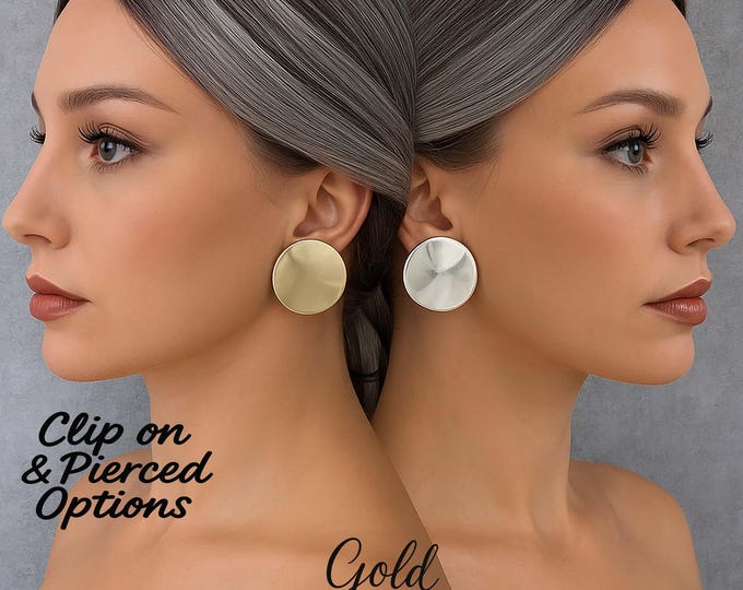 Gold & Silver Mirror Disc Clip-On Earrings – Big 1.3" Shiny Round ACRYLIC Statement Earrings - Pierced or Clips for Non-Pierced Ears - 2nds*