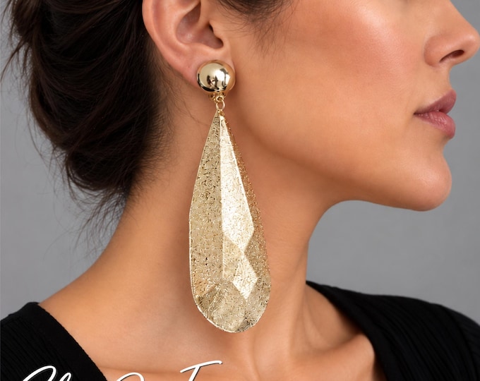 Frosted Gold Tone Drop Clip On Earrings – Non Pierced Statement Geometric Dangle Earrings – 4.25" - 11cm
