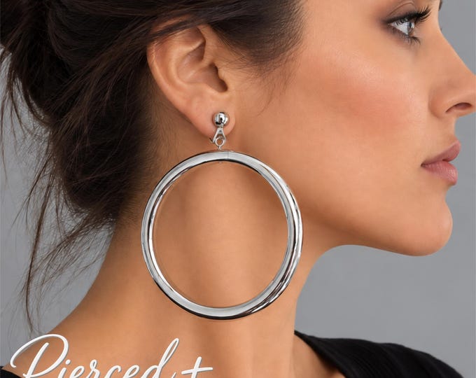 Clip On Silver Acrylic Hoop Earrings – Extra Large Chunky Statement Hoops – Non Pierced Earrings – 4" – 10cm