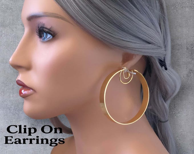 Clip On Hoop Earrings 2.75" - 18k Gold Plated Stainless Steel | Big Wide Bold Statement Chunky Hoops | Non Pierced Earrings - Top Quality!