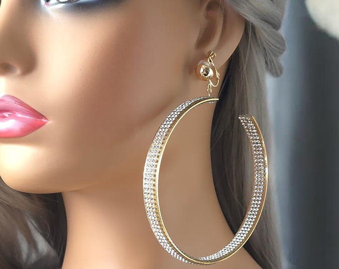 1 pair of HUGE CLIP ON C shape hoop earrings - 4.25" long gold tone with diamante - Rhinestone trim -  wide flat tube hoop earrings,