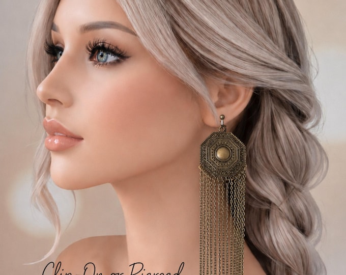 Antique Bronze Chain Tassel Earrings, Long Statement Fringe Earrings, Vintage Style Clip On Earrings, Length Options