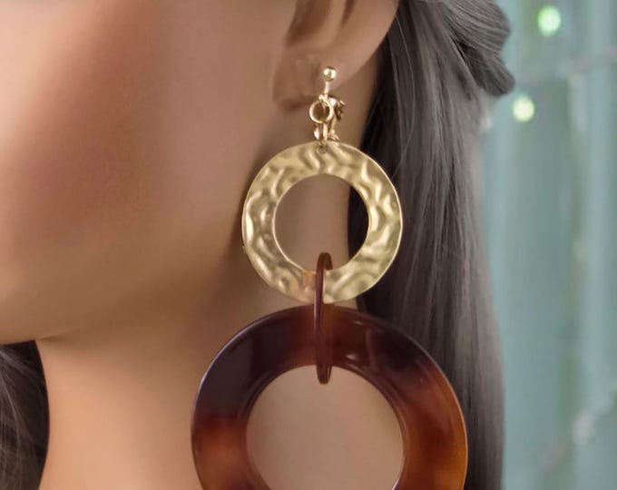 1 pair gold tone CLIP ON drop earrings - 5" long MATT gold tone & brown - tort layered hoop drop earrings - Clip or pierced - Big earrings