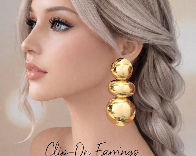 Clip  On Earrings - Big Chunky Statement Gold or Silver Tone Drop Earrings |  Bold Modern Geometric Design