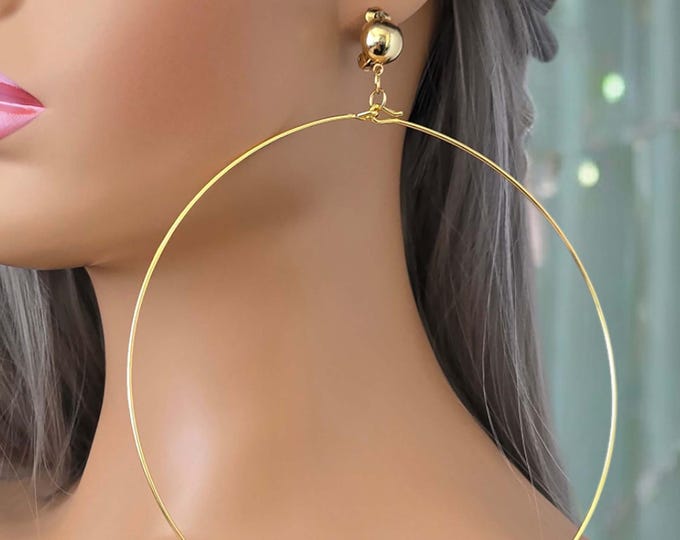CLIP ON hoop drop earrings - 6.25" long 18k gold plated stainless steel  hoop earrings for pierced & non pierced ears, huge statement hoops