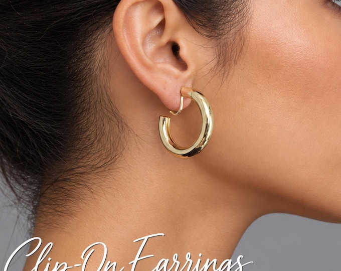 Chunky Gold Tone Clip On Hoop Earrings – Thick Statement Hoops for Non Pierced Ears – 1.2" – 3cm