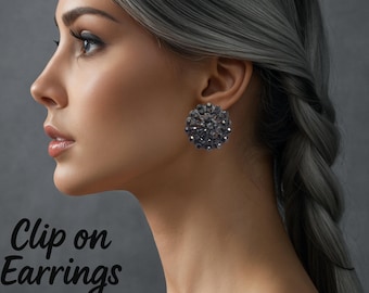 Gunmetal Grey Sparkle Cluster Stud Earrings – Vintage-Inspired Crystal Dome Studs – Statement Round Clip-On Earrings