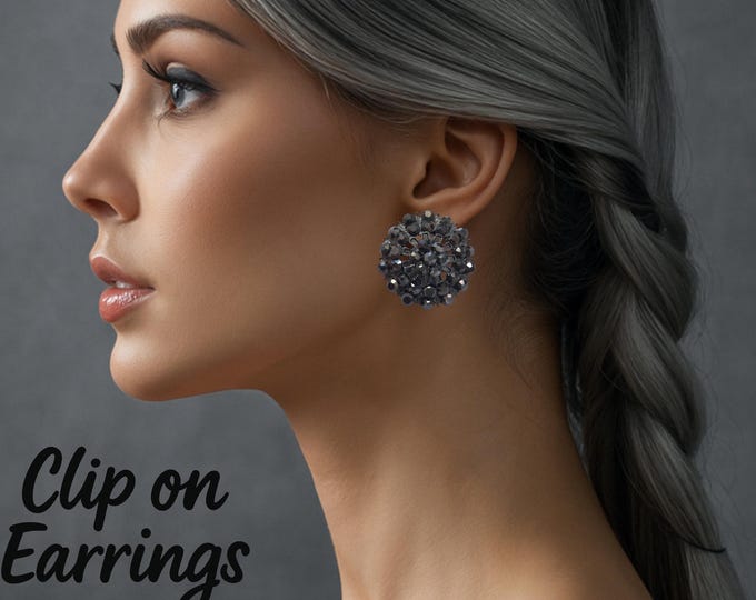 Gunmetal Grey Sparkle Cluster Stud Earrings – Vintage-Inspired Crystal Dome Studs – Statement Round Clip-On Earrings