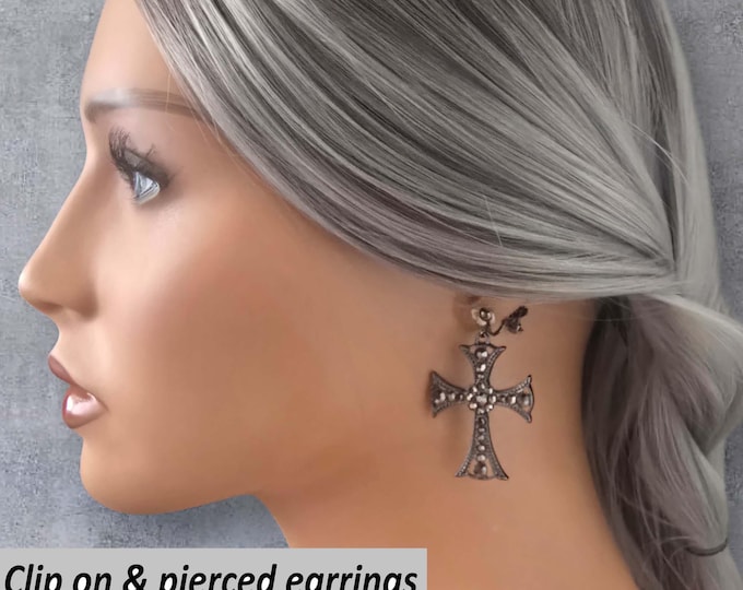 CLIP ON Drop Earrings, 2" Long Hematite - Gunmetal Grey Tone  Cross Earrings, Non Pierced Earring, Earring Clips, Pierced Options