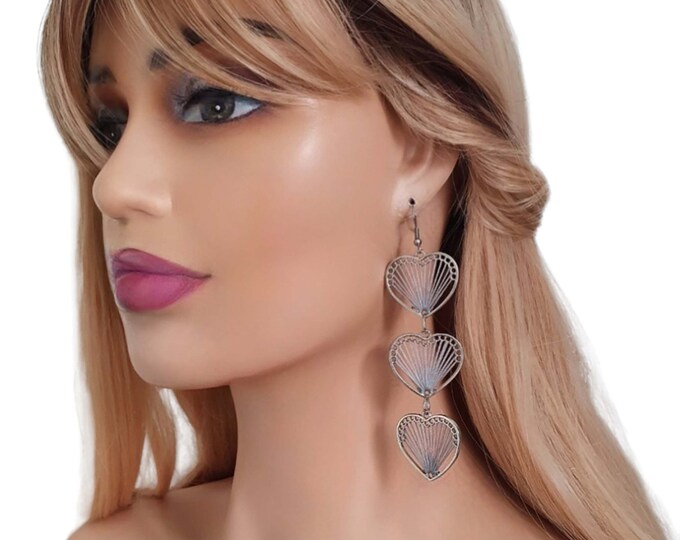 1 pair of 4" long silver & grey thread - woven long heart layered CLIP ON drop earrings - Available for non pierced or pierced ears options