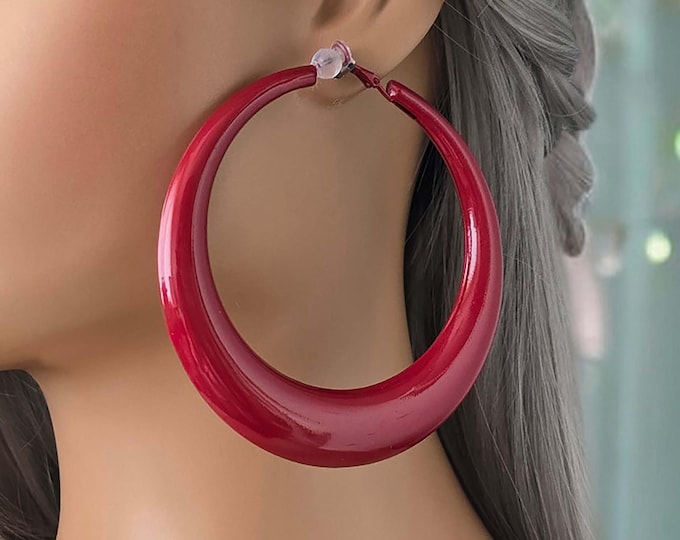 Red painted CLIP ON hoop earrings - 3.5" diameter - plain chunky - thick crescent design tube hoop earrings - clip on or pierced option