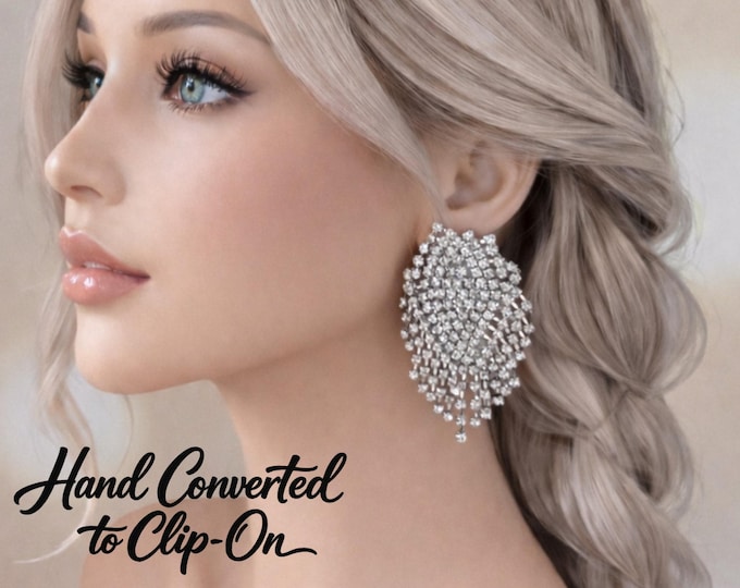 Rhinestone Clip On Earrings – Silver Waterfall Fringe, Vintage Glam