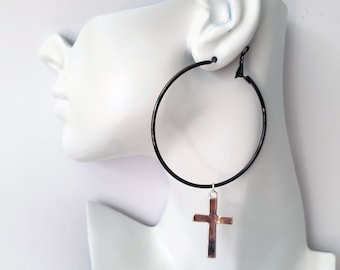 1 pair of 4" long Hematite & silver colour hoop cross drop earrings - CLIP ON or pierced options
