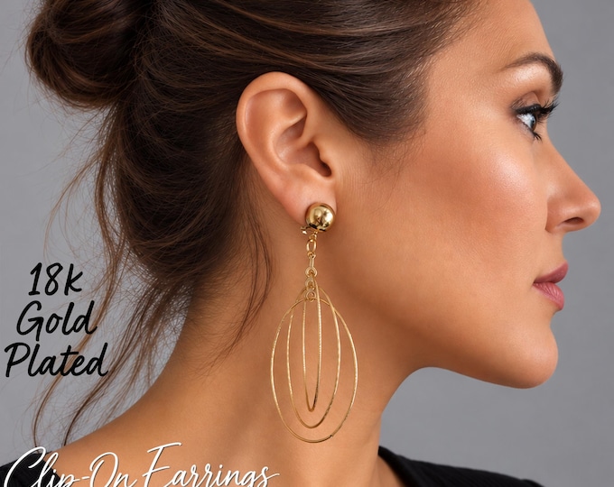 18K Gold Plated Clip On Earrings – Triple Hoop Drop Earrings – Lightweight Statement Hoops – 3.5" – 9cm