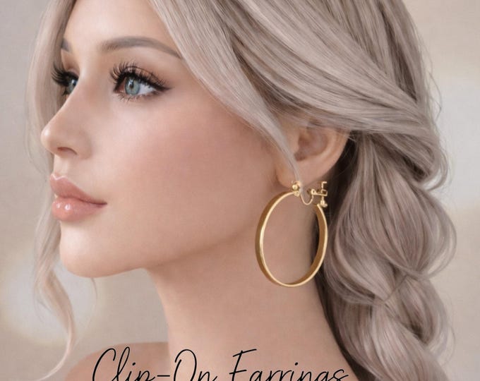 Gold Stainless Steel Clip On Hoop Earrings, Non Pierced, Hypoallergenic Lightweight Hoops, 1.6" - 4cm