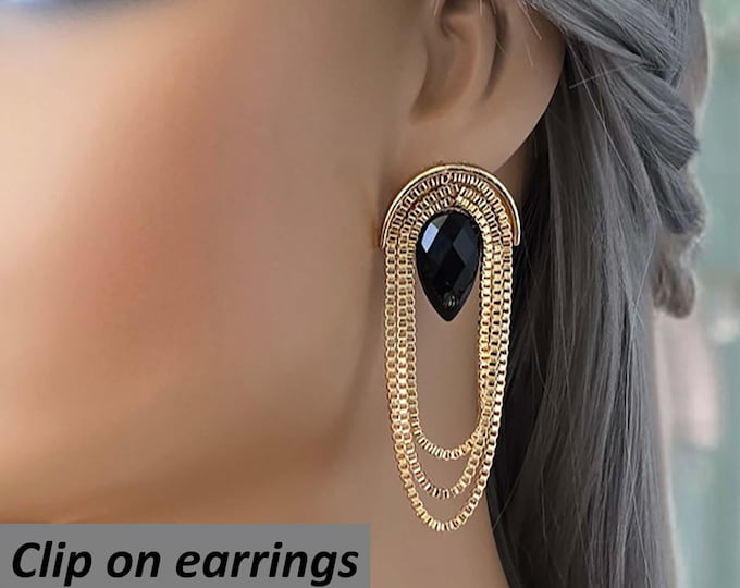 Clip on drop earrings - 2.8" Black & gold tone draped chain earrings - non pierced earrings, ear clips, long drop statement IG earrings
