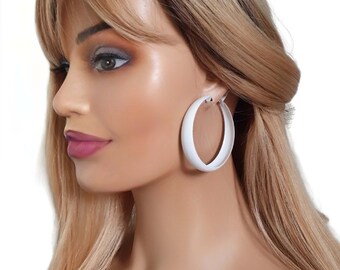 1 pair of  white coloured wide CLIP ON hoop earrings, clip on or pierced, 3 size options 1.5, 1.75 or 2.25" painted metal hoops, slight 2nds