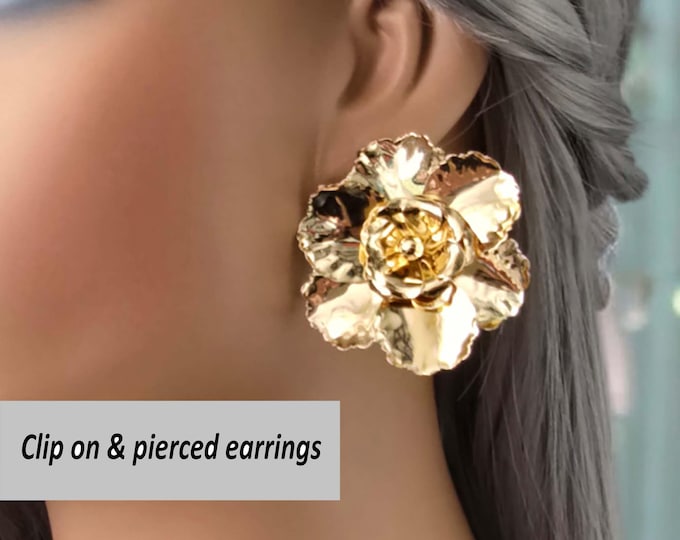 CLIP ON stud earrings - 2" gold tone layered flower design stud earrings, non pierced ears - ear clips - large stud earrings, Big gold studs
