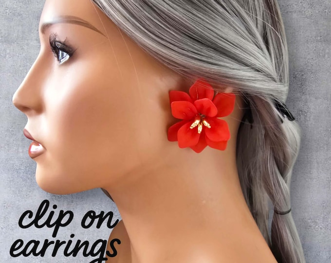 Bold Red Coral Flower Clip-On Earrings – Big Statement 3D Floral Earrings with Gold Detail - Non Pierced Ears
