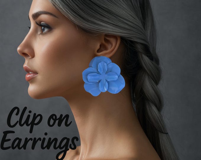 Bold Blue CLIP ON Flower Statement Earrings • 2.5" Large Glossy Metal Petal Studs • Big Oversized Floral Earrings
