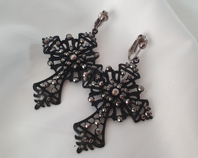 Black metal & diamante filligree cross design drop earrings - Clip on / None pierced or pierced options - 3 - 7.5cm long - Goth - emo