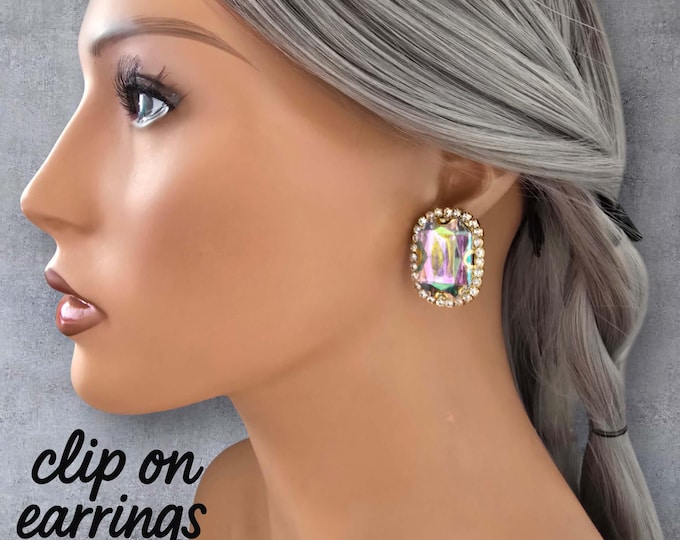 Large Gold & AB Rhinestone Clip-On Earrings | Crystal Stud Statement Ear Clips | Sparkly Diamante Earrings for Non Pierced Ears