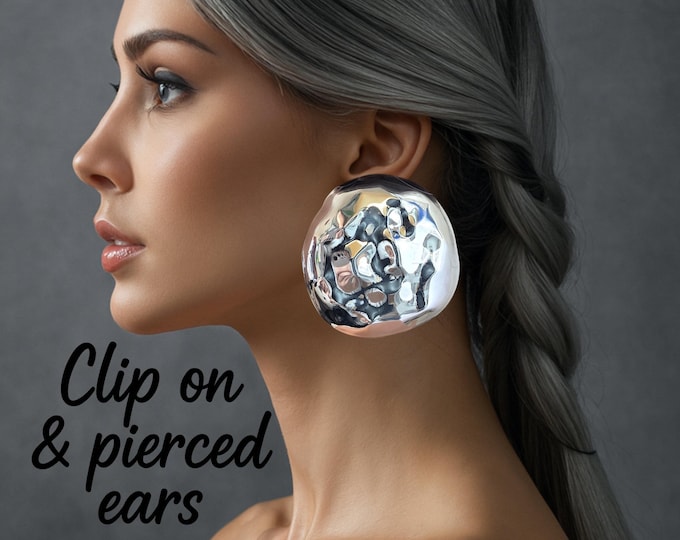 Oversized Silver Tone Disc Clip-On Earrings – Big Statement Dome Earrings, High Shine Bold Fashion Clips for Non-Pierced Ears