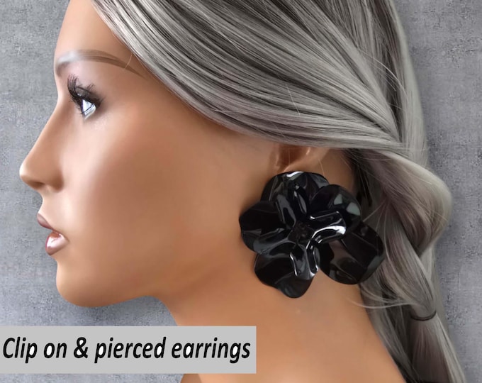 CLIP ON drop earrings, Large glossy black painted flower design earrings for non pierced ears, 2.5" big bold statement fashion earrings