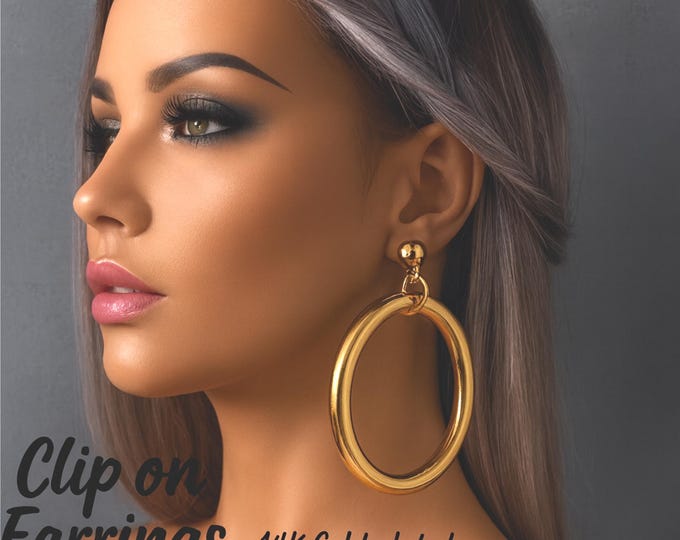 Gold Plated Clip-On Hoop Drop Earrings  – 3.5" Chunky Thick Tube Dangle, Statement Earrings for Non-Pierced Ears, 14k GP Stainless Steel