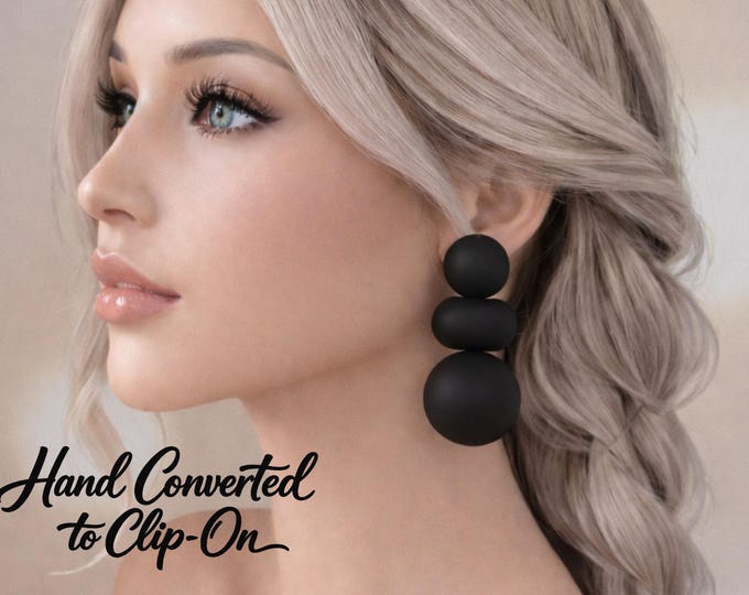 Clip  On Earrings - Big Chunky Statement Matte Black Drop Earrings |  Bold Modern Geometric Design