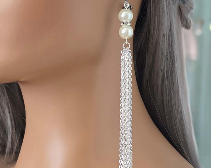 Long CLIP ON earrings, 6" long stylish drop earrings, Faux pearl & waterfall chain tassel long drop earrings, Pierced - non pierced earrings