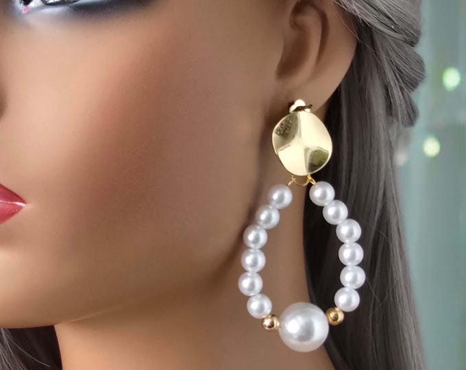 CLIP ON drop earrings - 1 pair 3" long faux pearl bead earrings, non pierced fashion statement IG earrings, White/Ivory pearl drop hoops