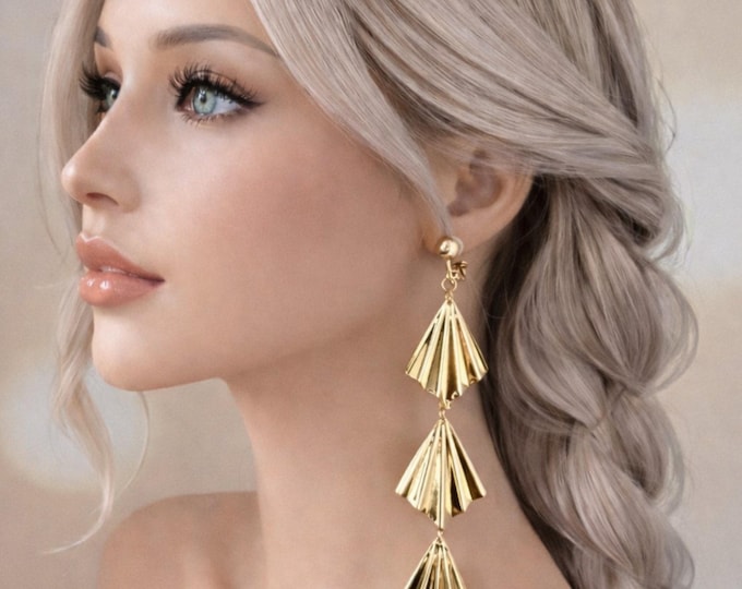 18K Gold Plated Fan Drop Earrings, Clip-On or Pierced, Statement Dangle Earrings,  5" - 12.5cm