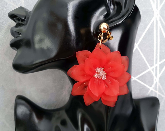 Large Dark coral coloured resin flower CLIP ON earrings - 18k gold plated screw clip on - 3" long - big statement earrings