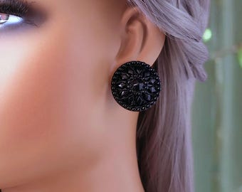 1 pair black metal CLIP ON stud earrings - 1.2" - 3cm large black metal patterned button style stud earrings - Clip on or pierced options