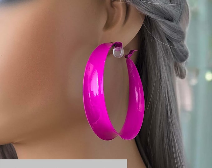 1 pair of 2.6" extra wide gloss HOT - neon pink CLIP ON hoop earrings - Big wide chunky hoops, Clip on or pierced, big statement earrings