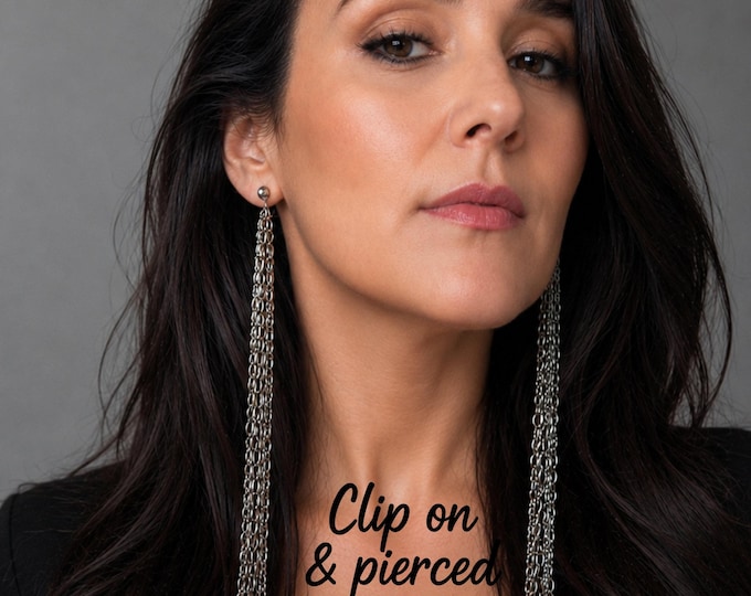 Stainless Steel Chain Tassel Clip On Earrings – Long Statement Dangle Earrings – Pierced or Non Pierced – 8" - 20cm
