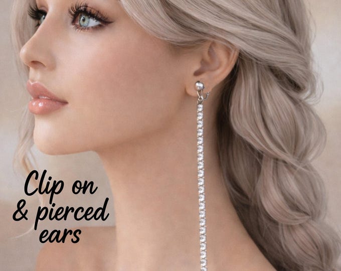 Crystal Rhinestone Drop Earrings – Long Dangle Statement  Clip On or Pierced – Multi Length Options