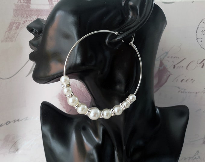 Beautiful  ivory faux pearl & diamante bead hoop earrings - Clip on or pierced - 8cm - 80mm - 3.1" Graduated beads