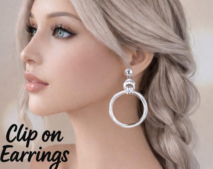 Lightweight Silver Tone Clip-On Drop Earrings • Long Statement Non-Pierced Drop Hoop Design