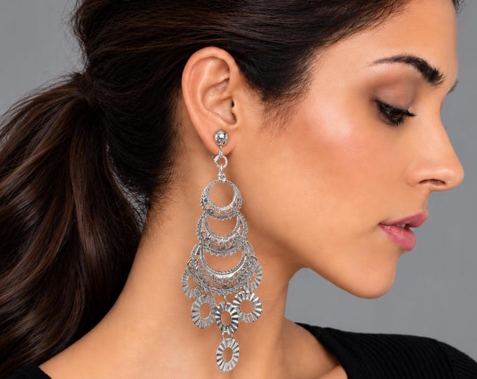 Silver Tone Chandelier Clip On Earrings – Vintage Style Lightweight Statement Boho Earrings – 5" – 12.5cm