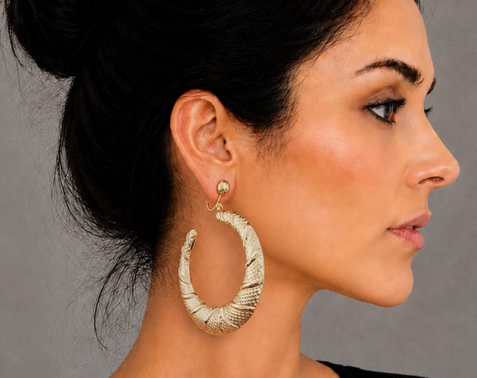 Gold Tone Textured Clip On Hoop Earrings, Chunky Oversized Statement Hoops For Non Pierced Ears 3" - 7.5cm