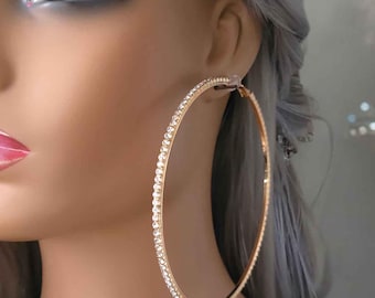 1 pair gold tone & diamante CLIP ON hoop earrings - 4.1" huge rhinestone - diamante big hoop earrings for non pierced ears - Statement hoops