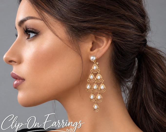 CLIP ON Chandelier Earrings, Gold Pearl Drop Earrings, Long Statement Earrings for Non Pierced Ears, 3" / 7.5cm